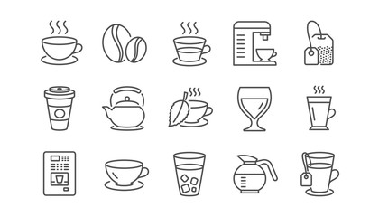 Coffee and Tea line icons. Cappuccino, Teapot and Coffeepot. Coffee beans linear icon set.  Vector