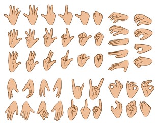 Cartoon graphic white human hands. Showing different gesture or sign. Rock and roll, okay, forefinger, palm and knuckle. Isolated on white background. Vector icons big set.
