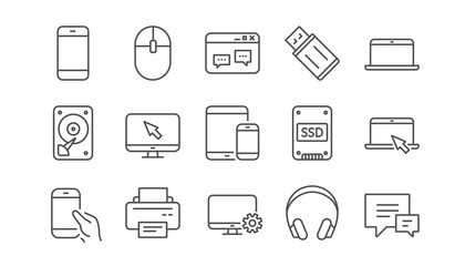 Device line icons. Laptop, SSD and Headphones. Printer linear icon set.  Vector
