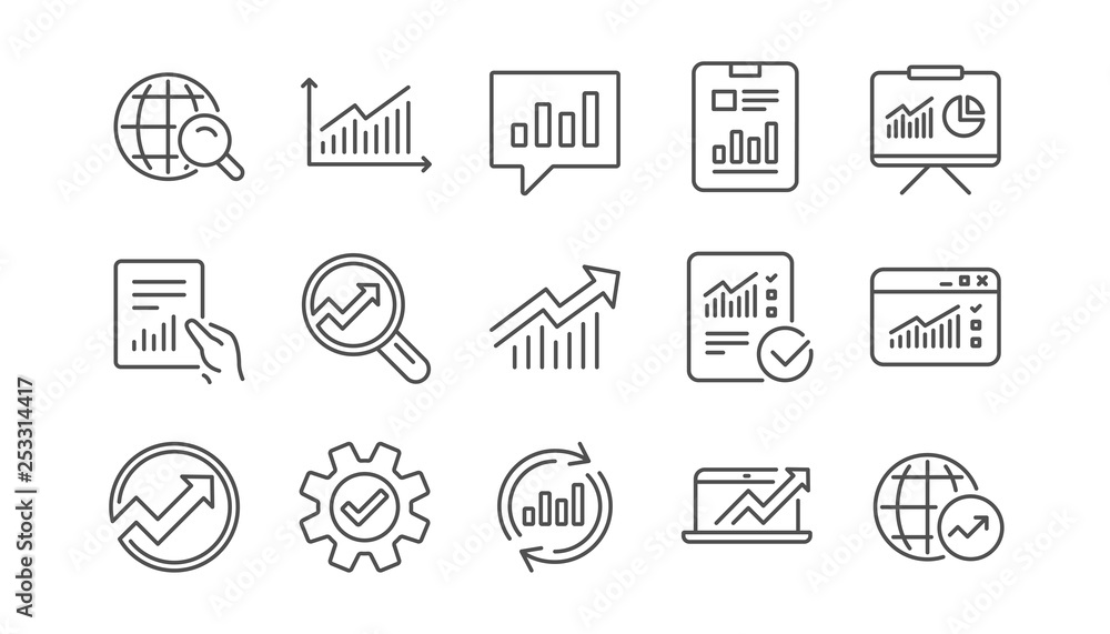 Poster analytics line icons. reports, charts and graphs. data statistics linear icon set. vector
