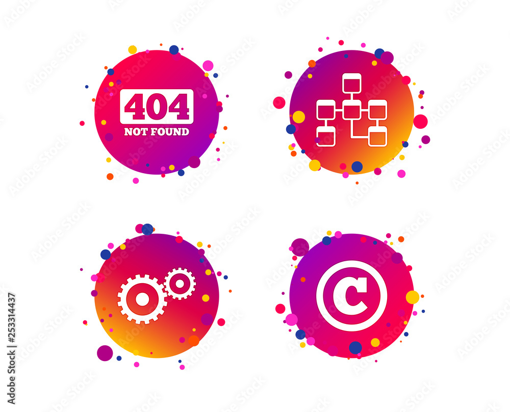 Aufkleber website database icon. copyrights and gear signs. 404 page not found symbol. under construction. gra