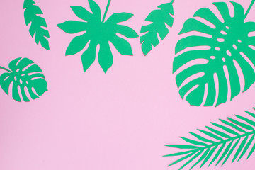 Fototapeta na wymiar Tropical leafs pink background banner, summer time top view flat lay, copy space