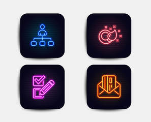 Neon glow lights. Set of Paint brush, Checkbox and Management icons. Credit card sign. Creativity, Survey choice, Agent. Mail.  Neon icons. Glowing light banners. Vector