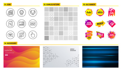 Seamless pattern. Shopping mall banners. Set of Search files, Architectural plan and Finance calculator icons. Quickstart guide, Dj controller and Winner signs. Vector