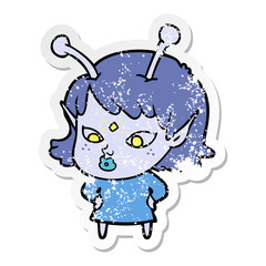 distressed sticker of a pretty cartoon alien girl