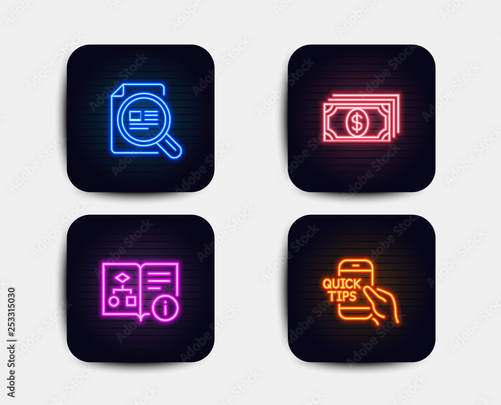 Poster neon glow lights. set of check article, technical algorithm and payment icons. education sign. magni