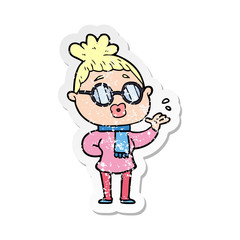 distressed sticker of a cartoon woman wearing spectacles