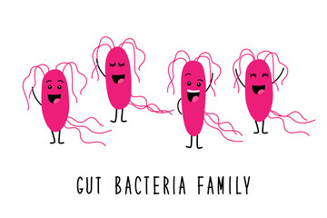 Funny gut bacteria family cartoon characters isolated on white, gut and intestinal flora, set in flat style