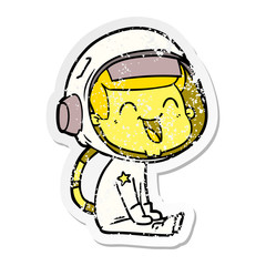 distressed sticker of a happy cartoon astronaut