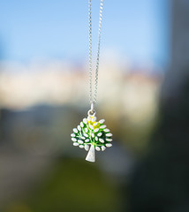 Enamel Tree  pendant. Jewelry Design Modern Art Necklace. Close-up