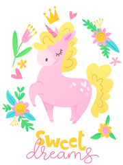 Obraz na płótnie Canvas Cute vector poster with cartoon unicorn and lettering 