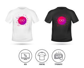 T-shirt mock up template. Retro glasses sign icon. Eyeglass frame symbol. Realistic shirt mockup design. Printing, typography icon. Vector