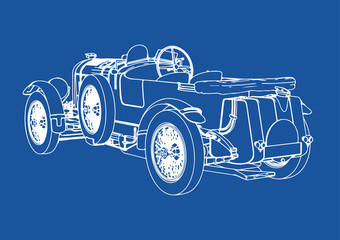 drawing of a retro car on a blue background vector