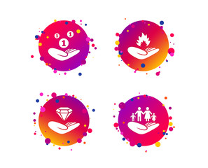 Helping hands icons. Financial money savings, family life insurance symbols. Diamond brilliant sign. Fire protection. Gradient circle buttons with icons. Random dots design. Vector