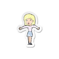 retro distressed sticker of a cartoon woman shrugging shoulders