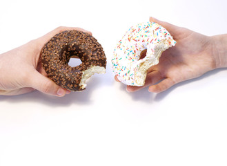 Donuts in hands collection, isolated on white background.Top view.