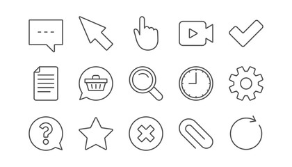 Document, Time and Question mark line icons. Search, Video camera and Check mark. Linear icon set.  Vector