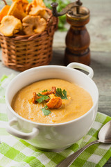 Delicious soup, cream with mushroom chanterelles.