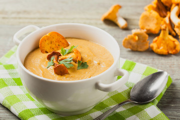 Delicious soup, cream with mushroom chanterelles.