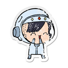 distressed sticker of a cartoon laughing astronaut girl