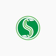 letter s logo with leaves ornament and circle style design template