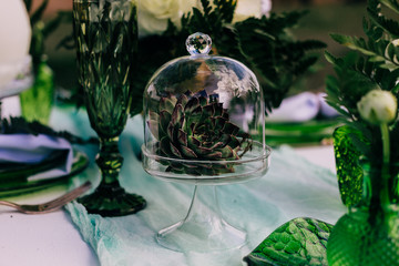 White decor for bride and groom. Colorful decoration for celebration. Beauty bridal interior.