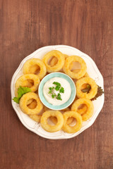 An overhead photo of squid rings with mayonnaise on a dark rustic wooden background with a place for text