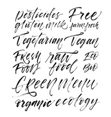 Naklejka premium Collection of words: vegetarian, vegan, green menu, bio, eco, organic, raw food, pesticides, gluten free, milk.