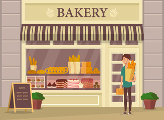 Shopper with baguette near bakery shop, store
