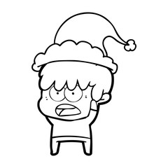 worried line drawing of a boy wearing santa hat