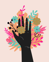Vector trendy illustration with woman hand isolated with flowers. Cute romantic design for Save the Planet poster, Valentine's day, wedding invitation, greeting card © Eireen