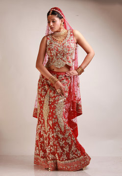 Indian bride in traditional bridal sari in studio lighting indoor