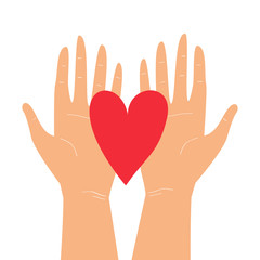 Vector illustration with two hands holding heart isolated on white background. Happy Valentine's Day greeting card design, wedding invitation, love theme poster, save the planet or donation concept