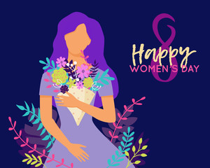 Obraz na płótnie Canvas Vector Happy 8 March illustration with beautiful woman holding bouquet of flowers. Trendy International Women's Day greeting card, poster, flyer.