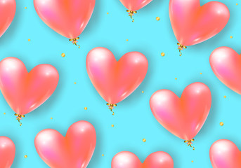 Vector holiday background with realistic 3D flying bunch of air balloon hearts and confetti particles. Trendy Valentine's Day or Wedding invitation, poster or festive decoration