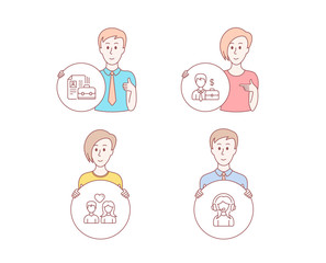 People hand drawn style. Set of Businessman case, Vacancy and Couple love icons. Support sign. Human resources, Hiring job, People in love. Call center.  Character hold circle button. Vector