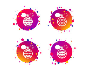 Perfume bottle icons. Glamour fragrance sign symbols. Gradient circle buttons with icons. Random dots design. Vector