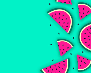 Vector summer background with juicy ripe watermelon slices in paper cut style. Healthy food illustration.