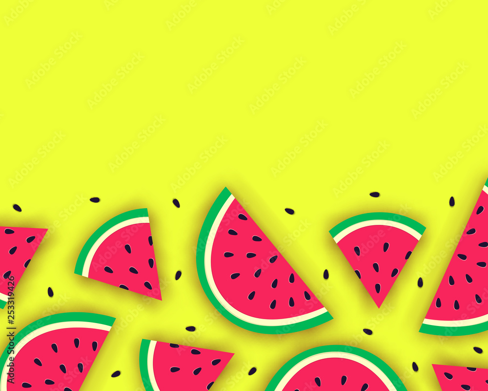 Poster Vector summer background with juicy ripe watermelon slices in paper cut style. Healthy food illustration.