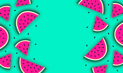 Vector summer background with juicy ripe watermelon slices in paper cut style. Healthy food illustration.