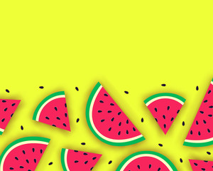 Vector summer background with juicy ripe watermelon slices in paper cut style. Healthy food illustration.