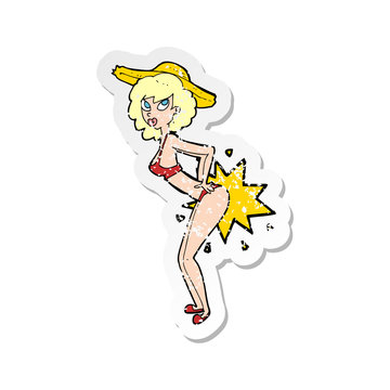 retro distressed sticker of a cartoon bikini pin up woman
