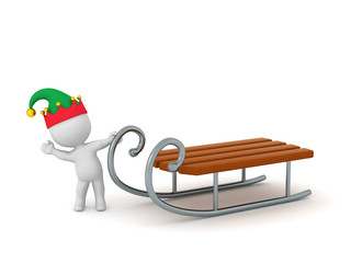 3D Character in Elf Hat Waving from behind Sled