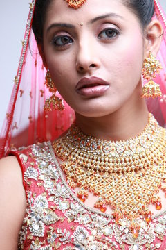 Indian bride in traditional bridal sari in studio lighting indoor