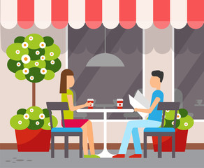 Cafe facade or summer terrace, couple in cafeteria at table vector. Woman and man drinking coffee and newspaper under tent, decorative plants and window