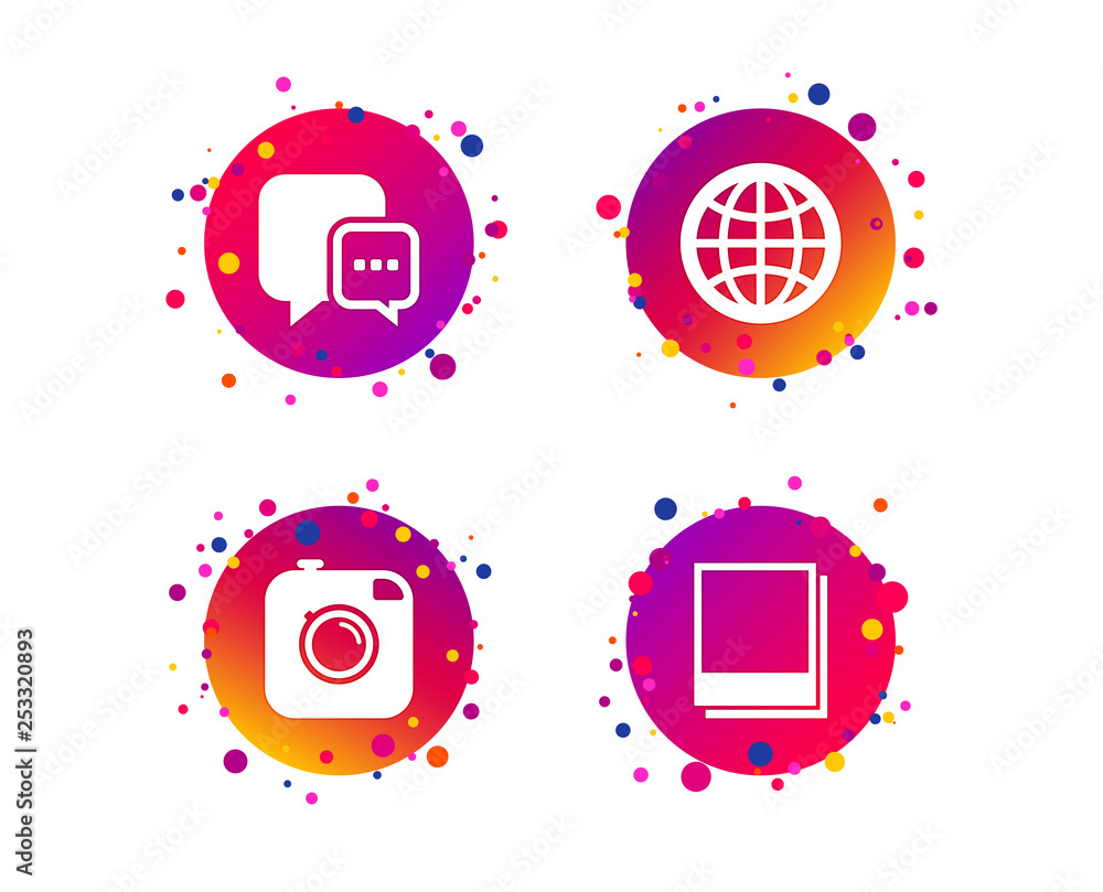 Poster social media icons. chat speech bubble and world globe symbols. hipster photo camera sign. photo fra