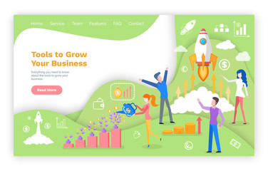 Tools grow your business website, green investment homepage with money, dollar and euro icons. Web page with diagrams and spaceship flat style vector