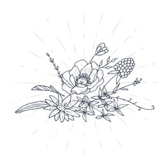 Vector Bouquet Of Hand Drawn Sketches With Plants. Botanical Set Monochrome Image Of Wild Of Sketch Flowers And Branches. Black And White Collection Elements For Coloring.