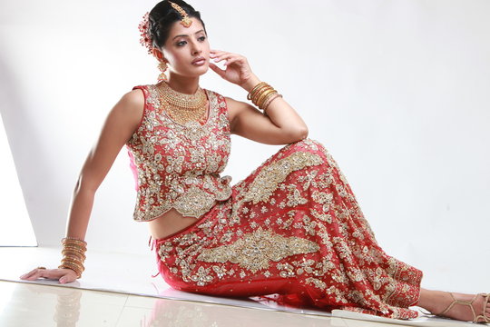 Indian bride in traditional bridal sari in studio lighting indoor