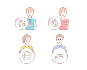 People hand drawn style. Set of Algorithm, Heartbeat timer and International love icons. Quick tips sign. Developers job, Love stopwatch, Internet dating. Helpful tricks.  Character hold circle button